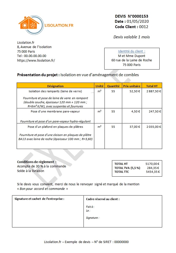 Exemple de devis isolation des combles