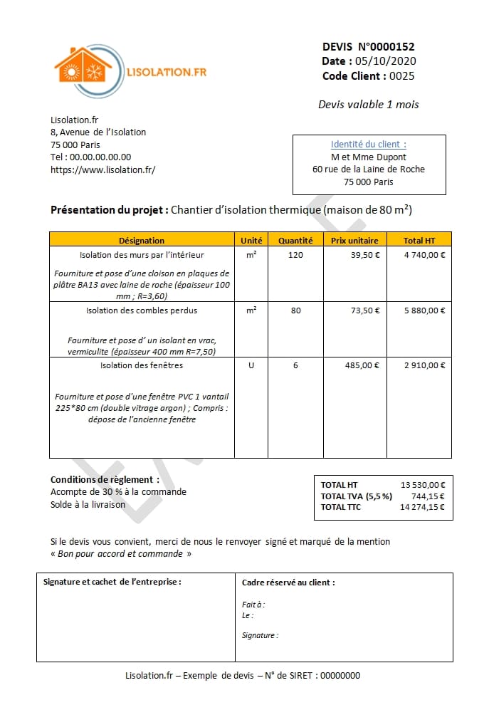 Exemple de devis d'isolation de maison