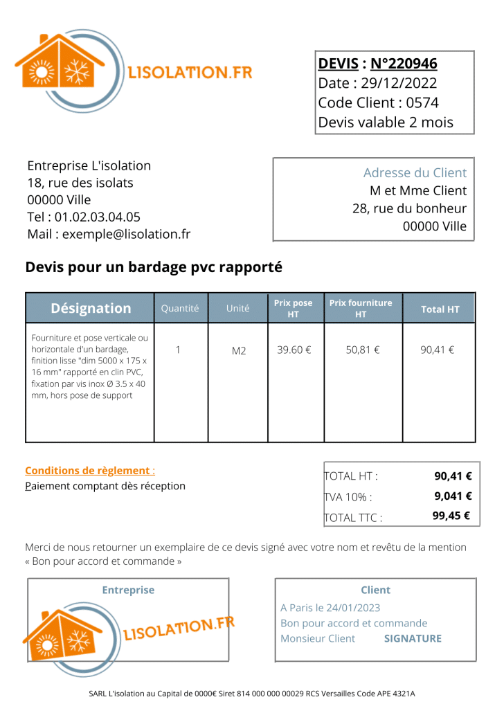 Devis pour un bardage pvc rapporte